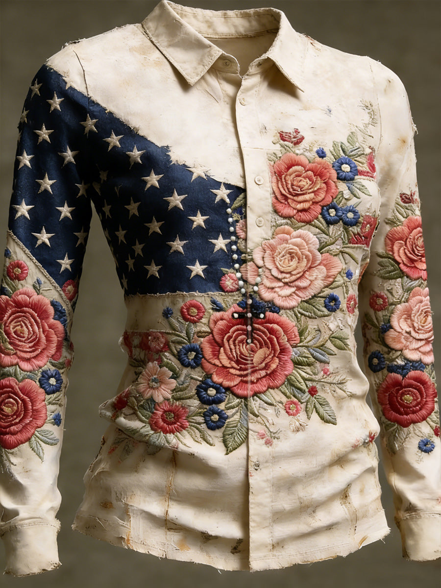 Women's Retro Casual American 250th Anniversary Print Vintage Tassel Long Sleeves Shirt